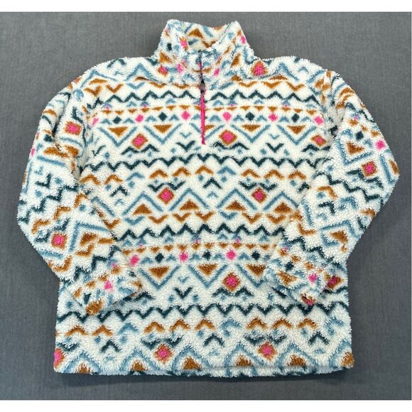 Aztec Sherpa Fleece Pullover Eddie Bauer Women XL White Pink Cozy Warm Lounge - Picture 1 of 9
